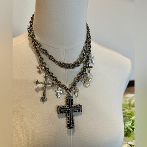 Layered Silver Cross Charm Necklace | Chunky Chain Statement | Gothic Boho Style